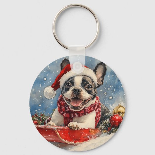 Boston Terrier Hond in Sledge Laat het Sneeuw Kers Sleutelhanger (Voorkant)