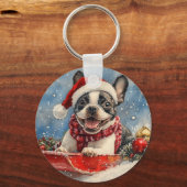 Boston Terrier Hond in Sledge Laat het Sneeuw Kers Sleutelhanger (Voorkant)