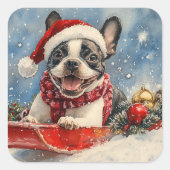 Boston Terrier Hond in Sledge Laat het Sneeuw Kers Vierkante Sticker (Voorkant)