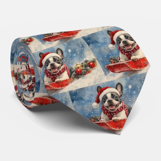 Boston Terrier-hond in slee Let it Snow Kerstmis Stropdas (Opgerold)