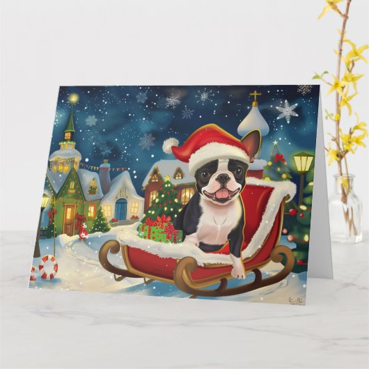 Boston Terrier Hond in Sleigh Snow Kerstmis Kaart (Gele Bloem)