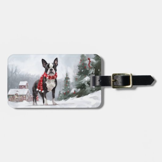Boston Terrier-hond in sneeuw Kerstmis  Bagagelabel (Voorkant horizontaal)