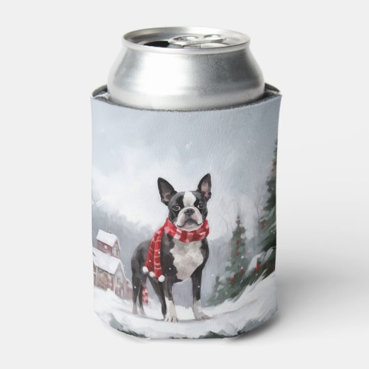 Boston Terrier Hond in Sneeuw Kerstmis Blikjeskoeler (Blikje Voorkant)