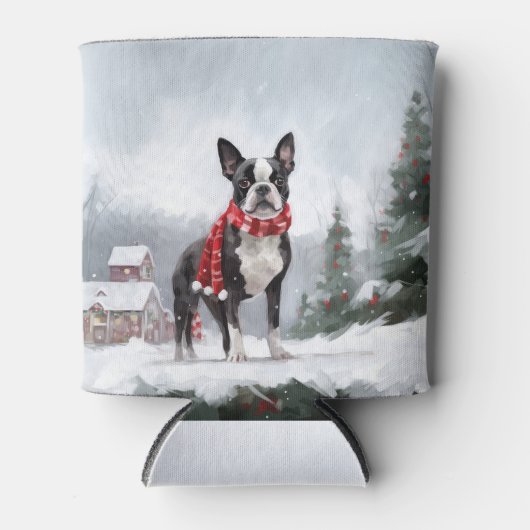 Boston Terrier Hond in Sneeuw Kerstmis Blikjeskoeler (Voorkant)