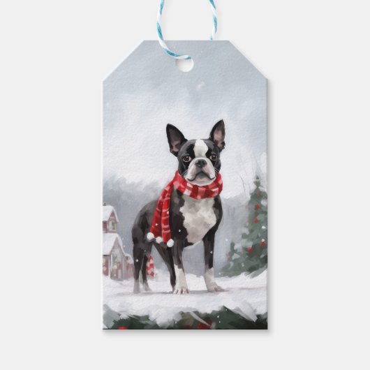 Boston Terrier Hond in Sneeuw Kerstmis Cadeaulabel (Voorkant)