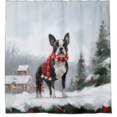 Boston Terrier Hond in Sneeuw Kerstmis Douchegordijn (Voorkant)
