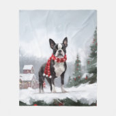Boston Terrier Hond in Sneeuw Kerstmis Fleece Deken (Voorkant)