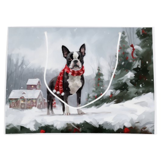 Boston Terrier Hond in Sneeuw Kerstmis Groot Cadeauzakje (Voorkant)
