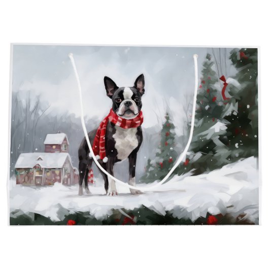 Boston Terrier Hond in Sneeuw Kerstmis Groot Cadeauzakje (Achterkant)