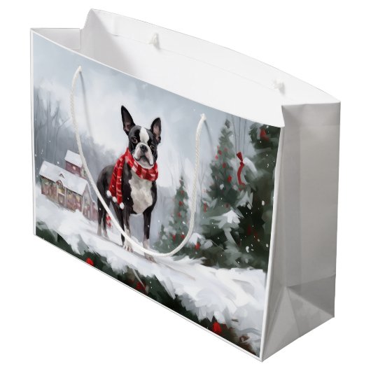 Boston Terrier Hond in Sneeuw Kerstmis Groot Cadeauzakje (Achterkant Gekanteld)