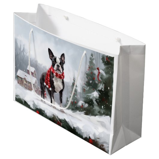Boston Terrier Hond in Sneeuw Kerstmis Groot Cadeauzakje (Voorkant Gekanteld)