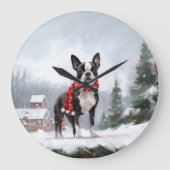 Boston Terrier Hond in Sneeuw Kerstmis Grote Klok (Voorkant)