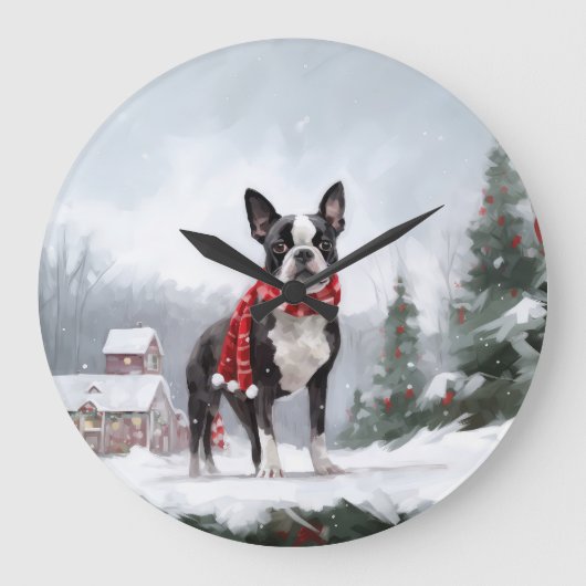 Boston Terrier Hond in Sneeuw Kerstmis Grote Klok (Voorkant)