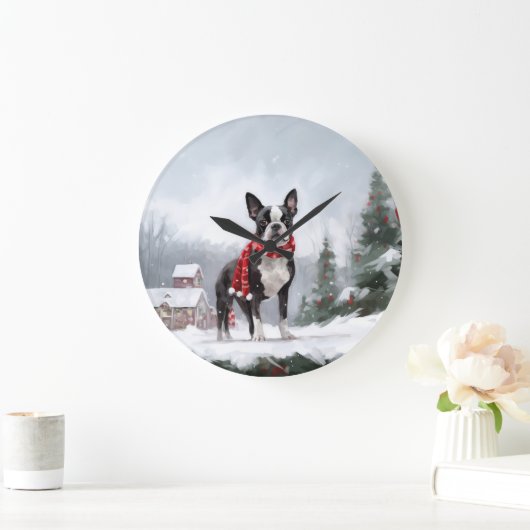 Boston Terrier Hond in Sneeuw Kerstmis Grote Klok (Huis)