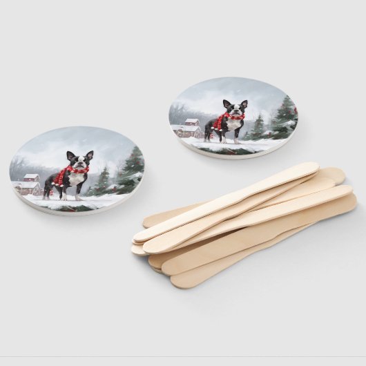 Boston Terrier Hond in Sneeuw Kerstmis Handwaaier (Niet-gemonteerd)