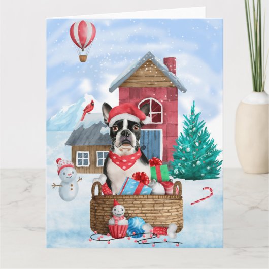 Boston Terrier-hond in sneeuw Kerstmis Hondenhok Kaart (Voorkant)