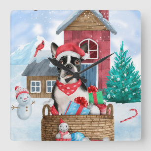 Boston Terrier-hond in sneeuw Kerstmis hondenhok Vierkante Klok