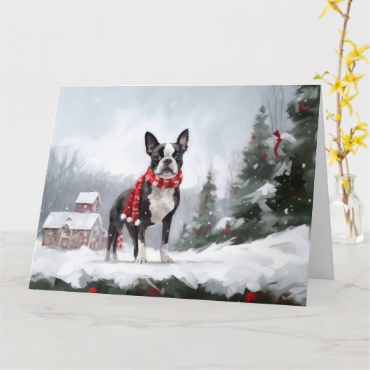 Boston Terrier Hond in Sneeuw Kerstmis Kaart (Gele Bloem)