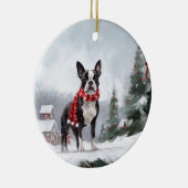 Boston Terrier Hond in Sneeuw Kerstmis Keramisch Ornament (Rechts)