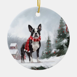 Boston Terrier Hond in Sneeuw Kerstmis Keramisch Ornament