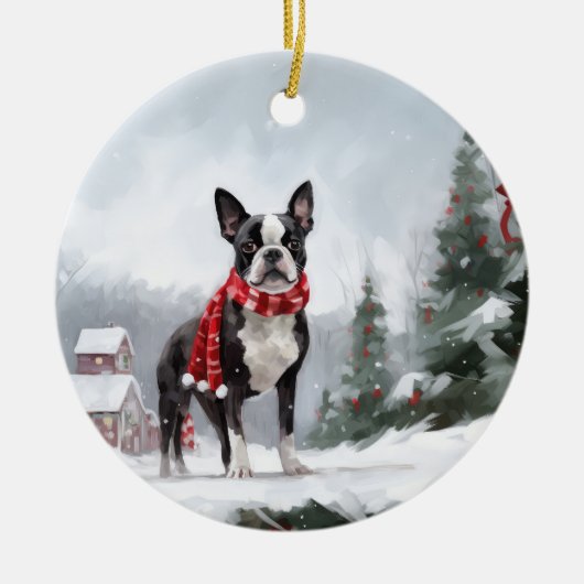 Boston Terrier Hond in Sneeuw Kerstmis Keramisch Ornament (Voorkant)