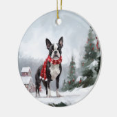 Boston Terrier Hond in Sneeuw Kerstmis Keramisch Ornament (Links)