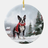Boston Terrier Hond in Sneeuw Kerstmis Keramisch Ornament (Achterkant)