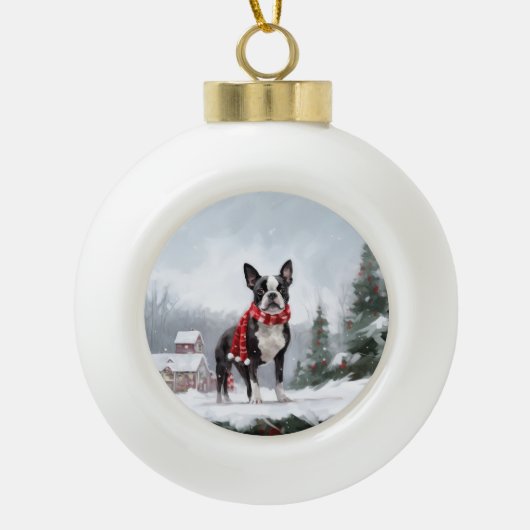 Boston Terrier Hond in Sneeuw Kerstmis Keramische Bal Ornament (Voorkant)