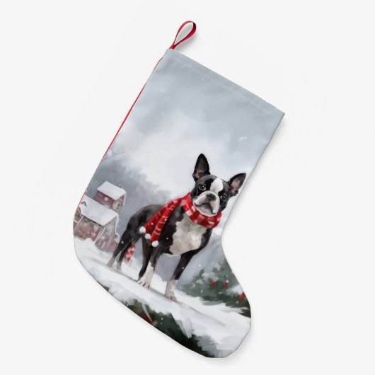 Boston Terrier Hond in Sneeuw Kerstmis Kleine Kerstsok (Voorkant (Hangend))