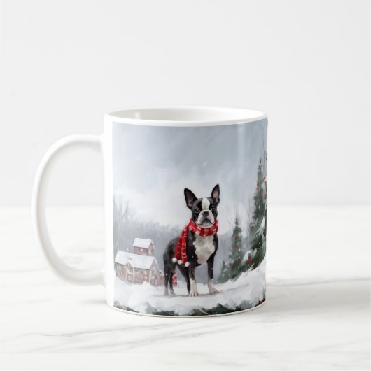 Boston Terrier Hond in Sneeuw Kerstmis Koffiemok (Links)