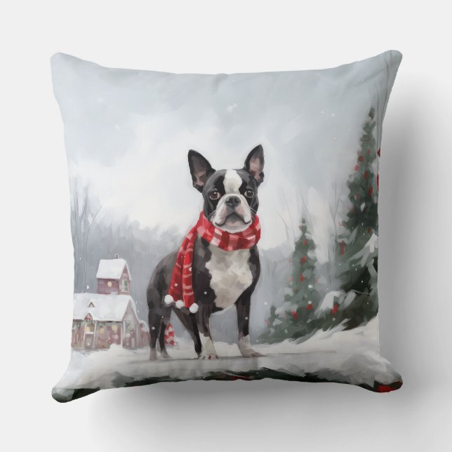 Boston Terrier Hond in Sneeuw Kerstmis Kussen (Achterkant)