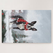 Boston Terrier Hond in Sneeuw Kerstmis Legpuzzel (Horizontaal)