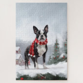 Boston Terrier Hond in Sneeuw Kerstmis Legpuzzel (Verticaal)