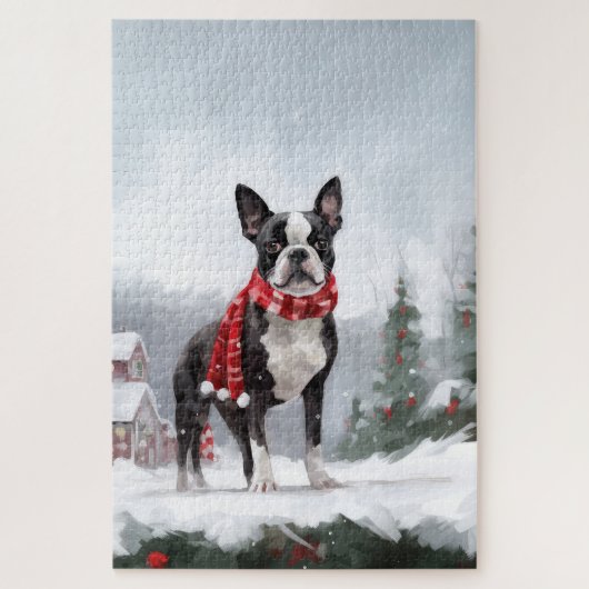 Boston Terrier Hond in Sneeuw Kerstmis Legpuzzel (Verticaal)