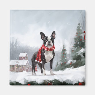 Boston Terrier Hond in Sneeuw Kerstmis Magneet