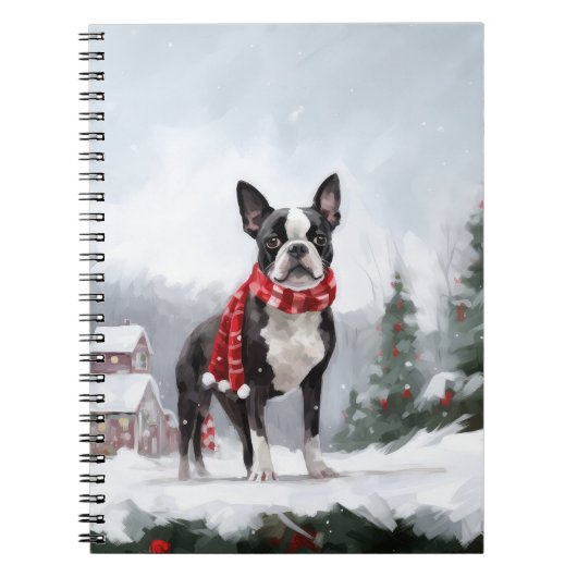 Boston Terrier Hond in Sneeuw Kerstmis Notitieboek (Voorkant)