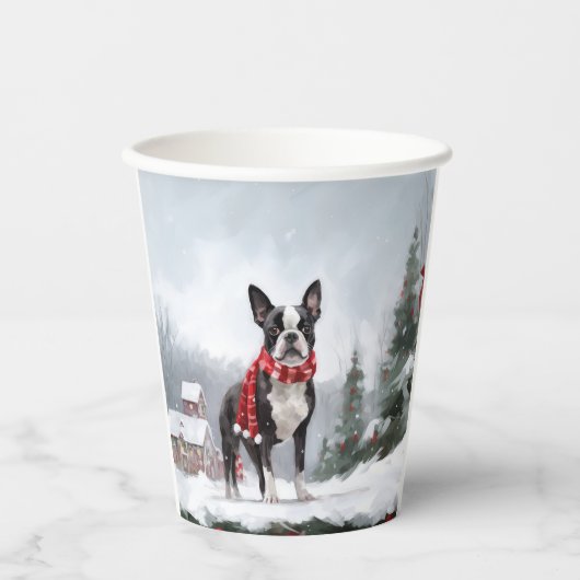 Boston Terrier Hond in Sneeuw Kerstmis Papieren Bekers (Voorkant)