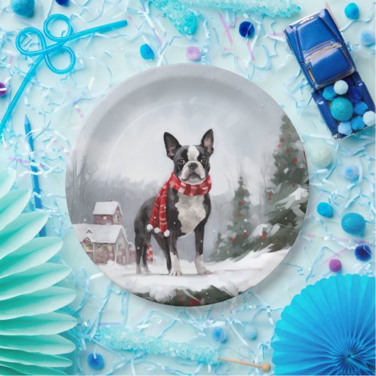 Boston Terrier Hond in Sneeuw Kerstmis Papieren Bordje (Feest)