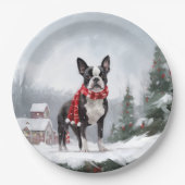 Boston Terrier Hond in Sneeuw Kerstmis Papieren Bordje (Voorkant)