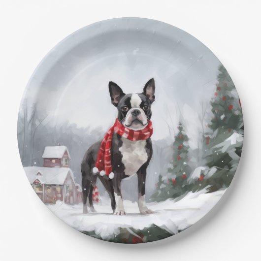 Boston Terrier Hond in Sneeuw Kerstmis Papieren Bordje (Voorkant)