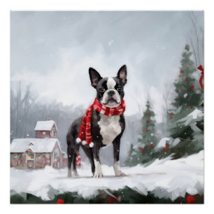 Boston Terrier Hond in Sneeuw Kerstmis Perfect Poster