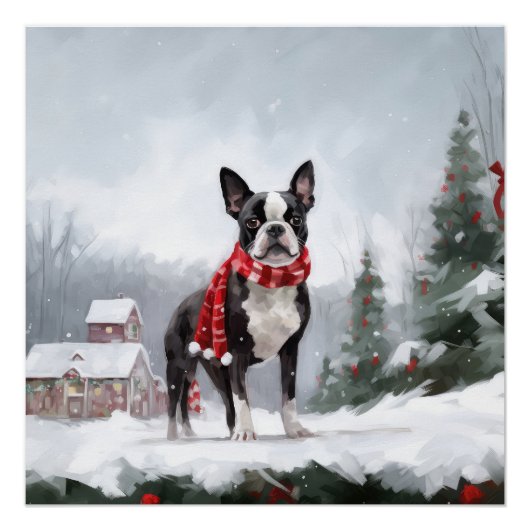 Boston Terrier Hond in Sneeuw Kerstmis Perfect Poster (Voorkant)