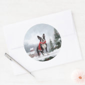 Boston Terrier Hond in Sneeuw Kerstmis Ronde Sticker (Envelop)