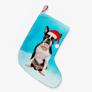 Boston Terrier Hond in Sneeuw Kerstmis Santa Hoed Kleine Kerstsok