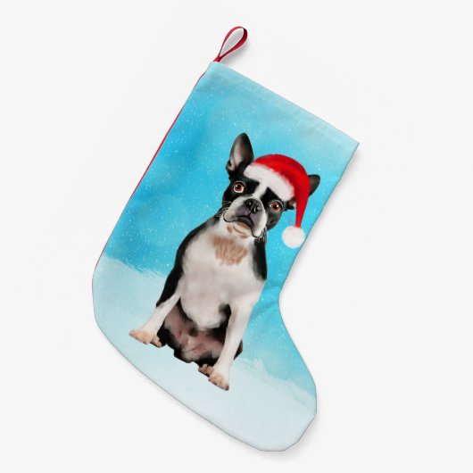 Boston Terrier Hond in Sneeuw Kerstmis Santa Hoed Kleine Kerstsok (Voorkant (Hangend))
