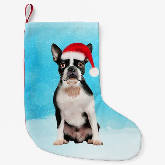 Boston Terrier Hond in Sneeuw Kerstmis Santa Hoed Kleine Kerstsok (Voorkant)