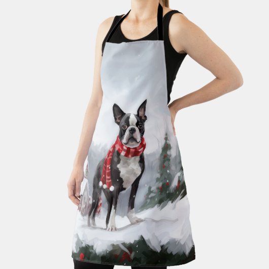 Boston Terrier Hond in Sneeuw Kerstmis Schort (Insitu)
