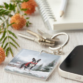 Boston Terrier Hond in Sneeuw Kerstmis Sleutelhanger (Voorkant Rechts)