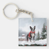 Boston Terrier Hond in Sneeuw Kerstmis Sleutelhanger (Voorkant)