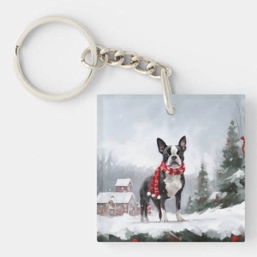 Boston Terrier Hond in Sneeuw Kerstmis Sleutelhanger (Voorkant)